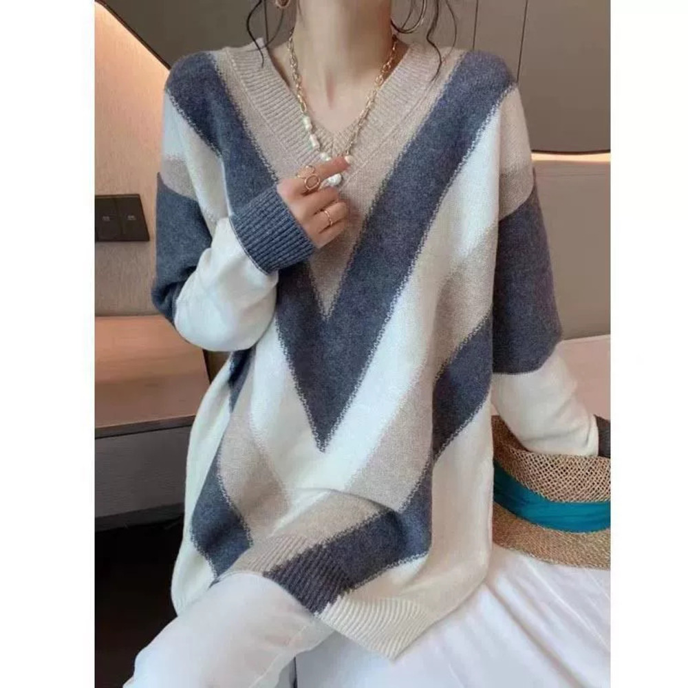 Plus Size Women Oversized Color Block Midi Knit Dress Fall Winter